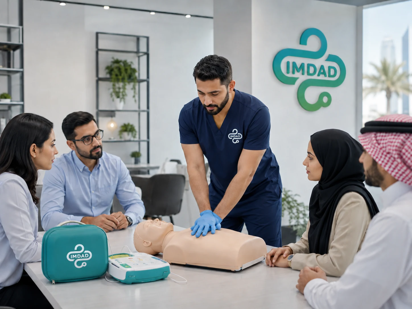 Professional IMDAD CPR training demonstration with navy scrub and white logo branding